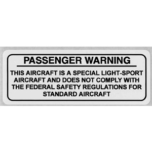 Special Light Sport Passenger Warning Placard, aluminum